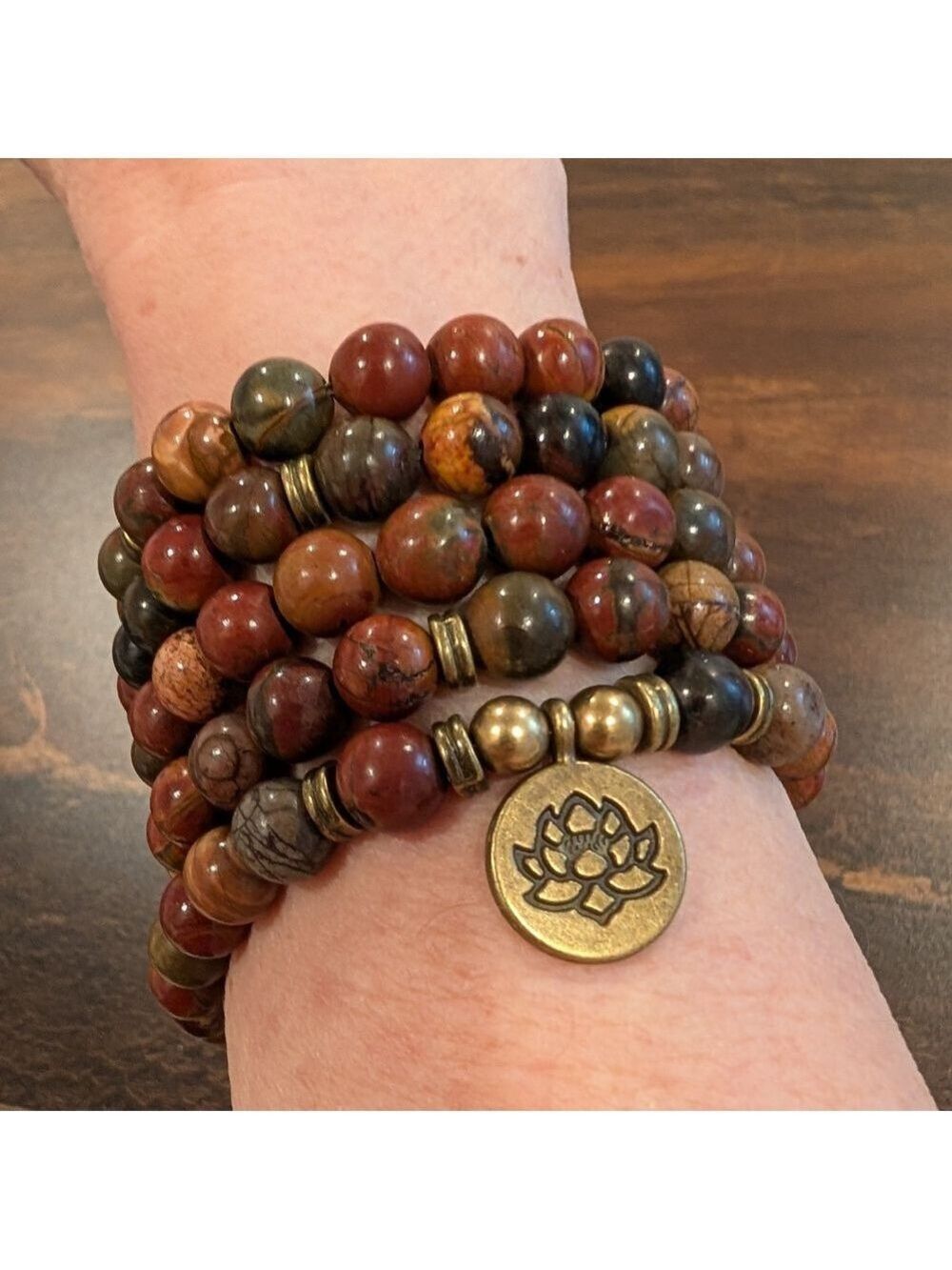 Picasso Jasper Beaded 'Mala' Bracelet with Lotus Charm,8mm ,37" Long - Picture 2 of 3